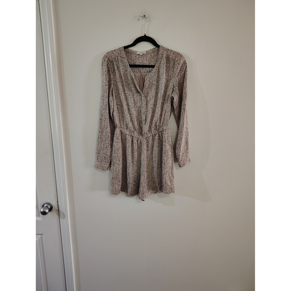 Ann Taylor LOFT Womens XS Long Sleeve Romper Beige Black Abstract Print V-Neck